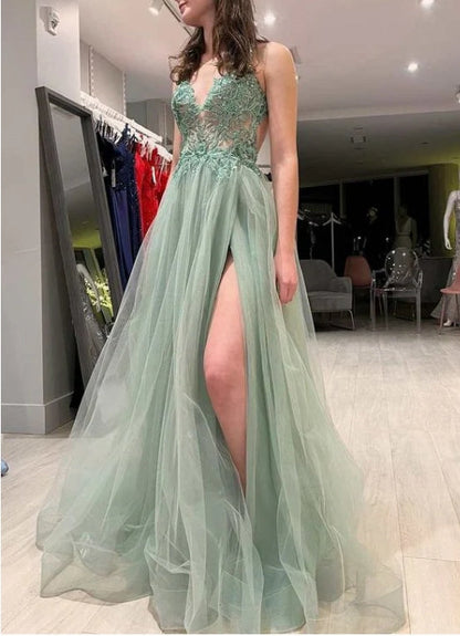 A-Line Tulle Floral Lace Backless Prom Dress with Slit
