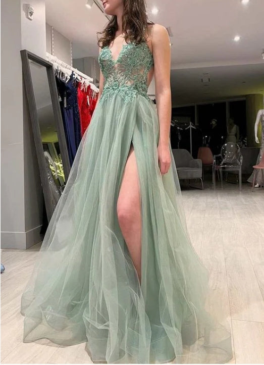 A-Line Tulle Floral Lace Backless Prom Dress with Slit