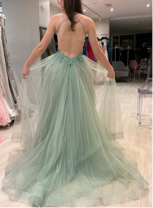 A-Line Tulle Floral Lace Backless Prom Dress with Slit