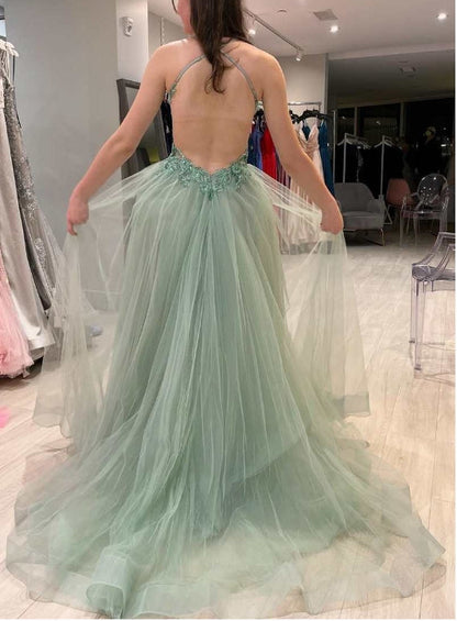 A-Line Tulle Floral Lace Backless Prom Dress with Slit