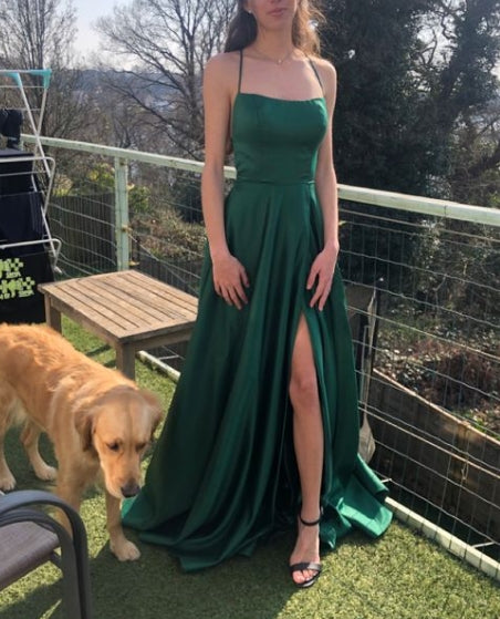 A-line Long Side Slit Spaghetti Strap Sexy Satin Prom Dress