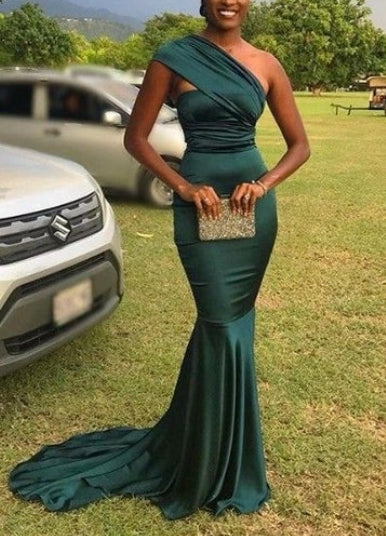 A-line One-Shoulder Satin Long Prom Party Dress Mermaid Gown