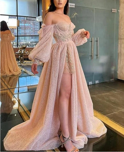 A-line Sexy Sweetheart Side Slit Sequin Long Prom Dresses