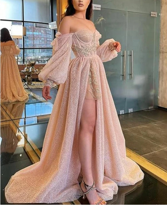 A-line Sexy Sweetheart Side Slit Sequin Long Prom Dresses