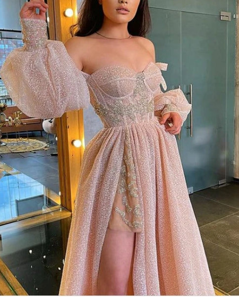 A-line Sexy Sweetheart Side Slit Sequin Long Prom Dresses