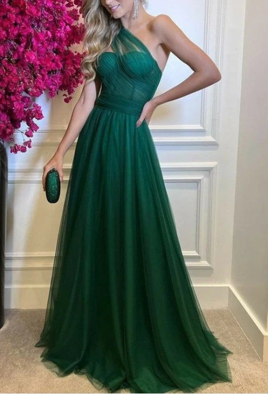 A-line Tulle One Shoulder Prom Evening Dress