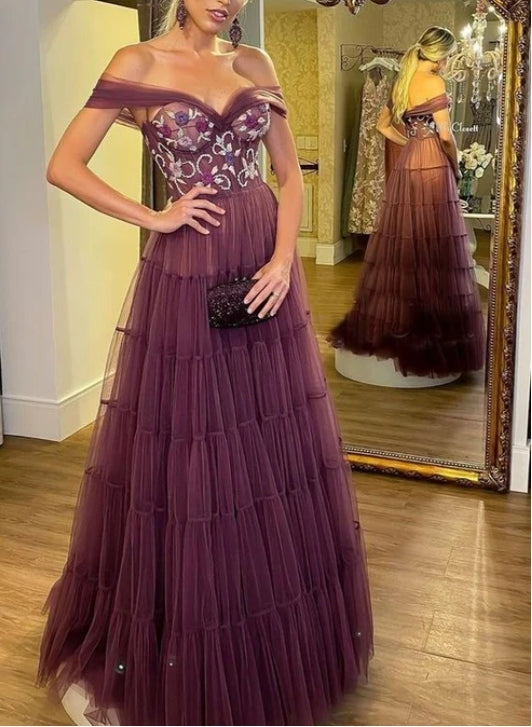 A-line Off The Shoulder Formal Evening Dress With Applique