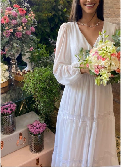 A-line Fairy-Tale Deep Neck Long Sleeves Prom Dress