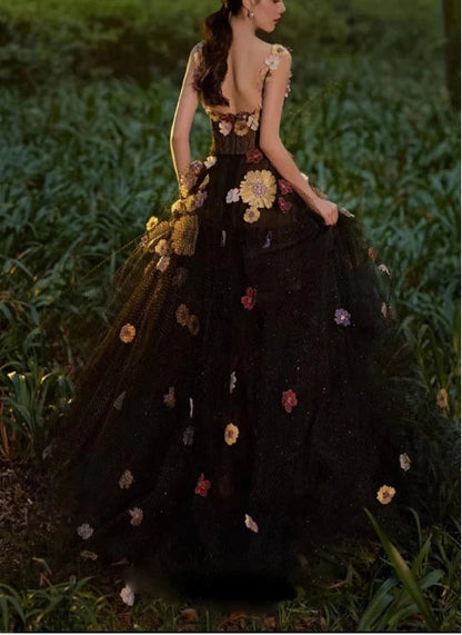 A Line Tulle Prom Dress With Flowers Puffy Dresses