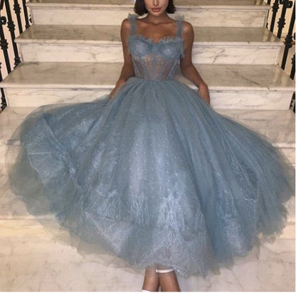 A Line Tulle Sweetheart Lace Strapless Prom Dresses