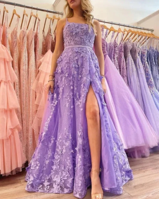 A-line Lace-up Applique Spaghetti Straps Prom Dresses With Slit