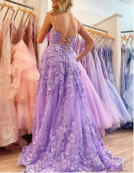 A-line Lace-up Applique Spaghetti Straps Prom Dresses With Slit