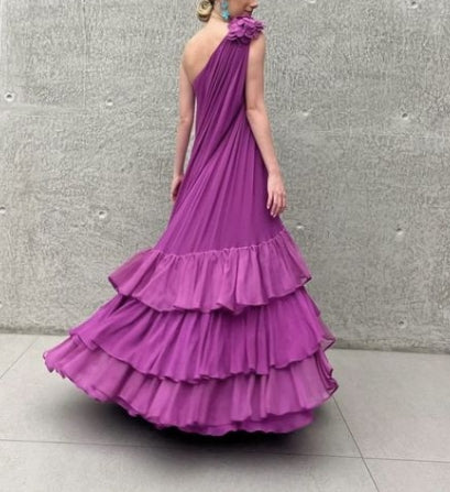 One-Shoulder Chiffon Ruffles Long Prom Dress