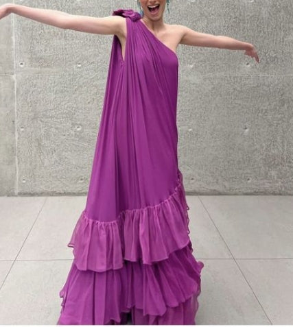 One-Shoulder Chiffon Ruffles Long Prom Dress