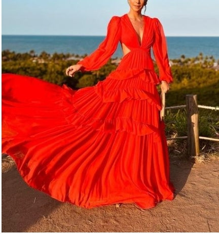 A-line Fairy-Tale Deep Neck Long Sleeves Prom Dress