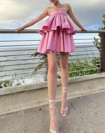Satin Strapless Tiered Ruffles Short Prom Dresses