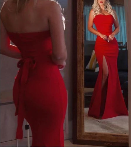A-line Mermaid Strapless Prom Dresses With Slit