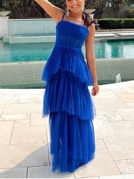 A-line Spaghetti Straps layered Prom Dress