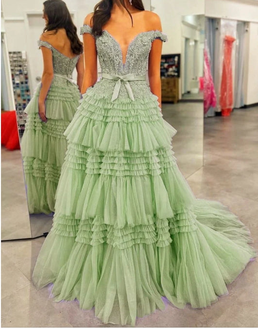Off the Shoulder Tulle Lace Prom Dress with Ruffles