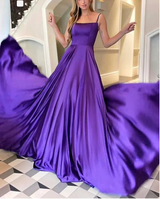 A-line Satin Scoop Neck Straps Prom Dress
