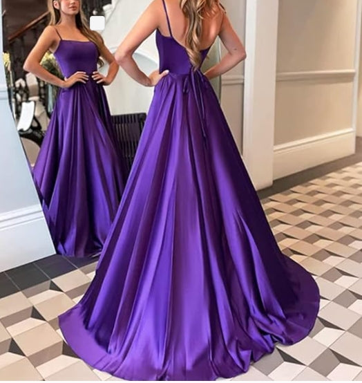 A-line Satin Scoop Neck Straps Prom Dress