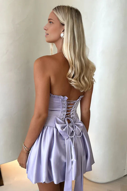 Trendy A-Line Strapless Sleeveless Backless Satin Short-Mini Homecoming Dress