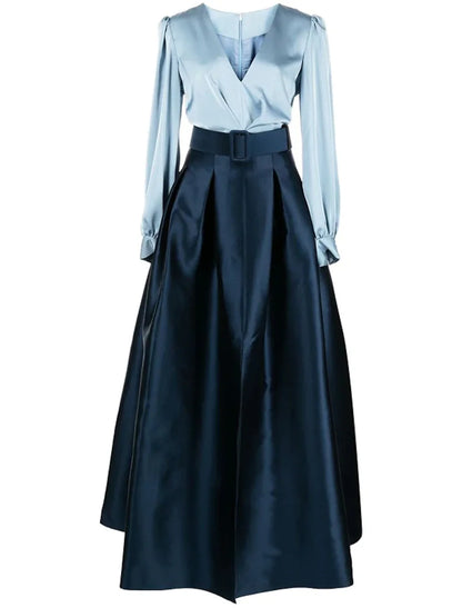 A-Line Satin Green Dress Formal Wedding Guest Dress Elegant Evening Gown High Split Pocket Long Sleeve Floor Length Color Block V Neck Belt