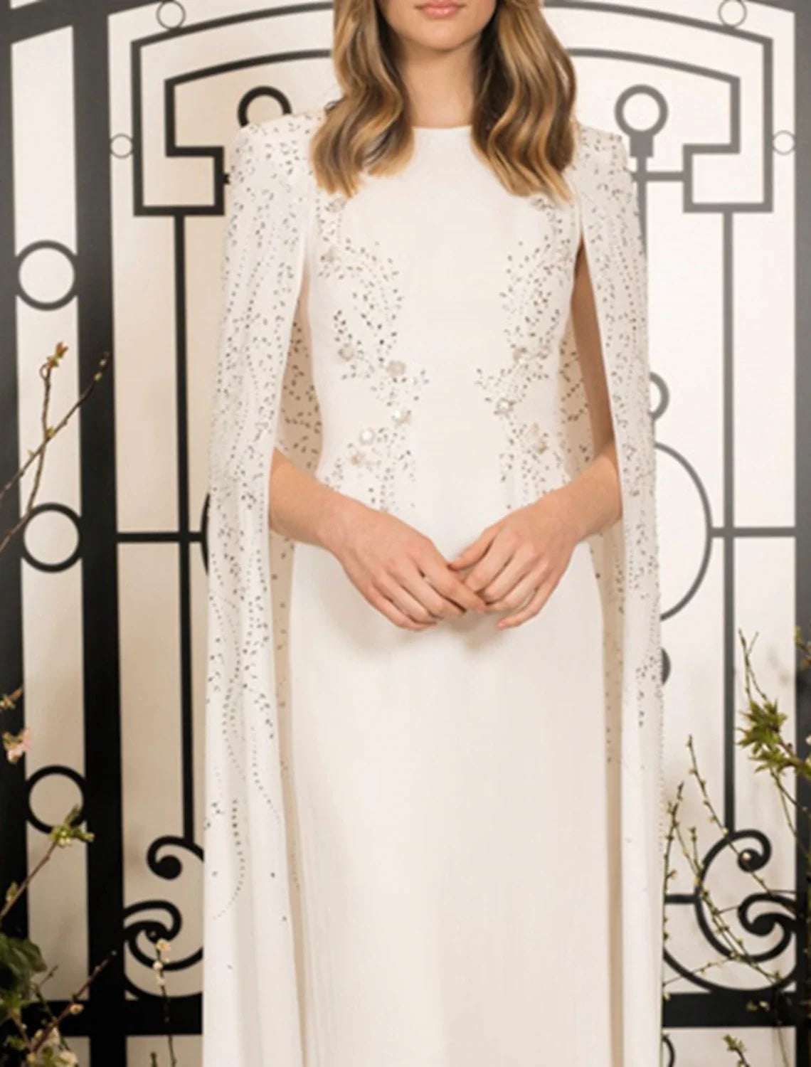 Sheath / Column Prom Gown Elegant Dress Wedding Guest Wedding Party Floor Length Sleeveless Jewel Neck Capes Stretch Chiffon