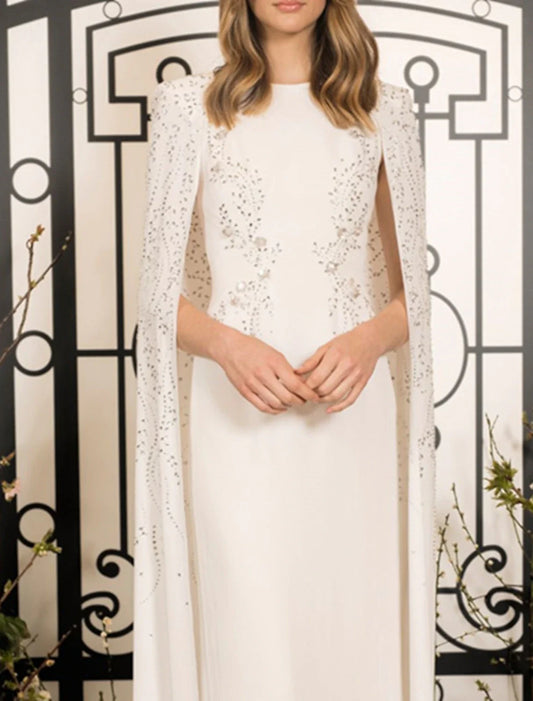 Sheath / Column Prom Gown Elegant Dress Wedding Guest Wedding Party Floor Length Sleeveless Jewel Neck Capes Stretch Chiffon