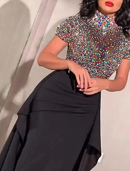 Women's Black Sequin Dress Prom Dress Party Dress Sparkly Dress Long Dress Maxi Dress Black Short Sleeve Color Block Summer Spring Fall Turtleneck Fashion Evening
