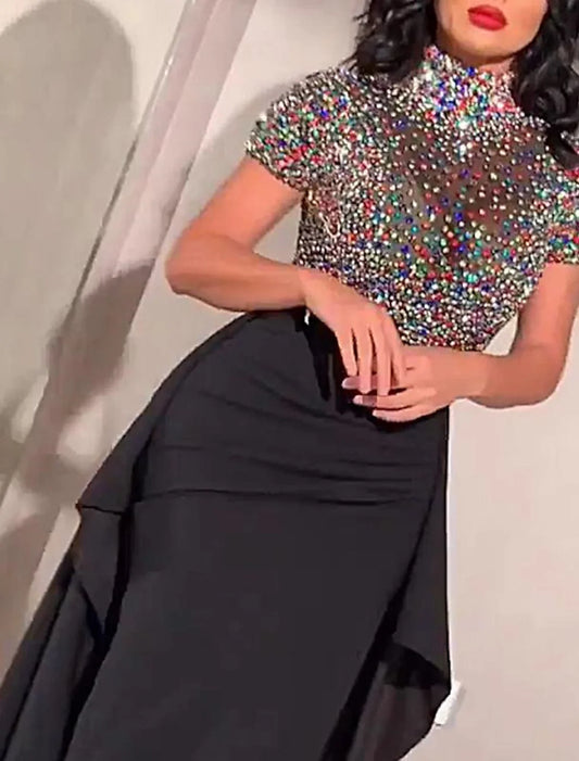 Women's Black Sequin Dress Prom Dress Party Dress Sparkly Dress Long Dress Maxi Dress Black Short Sleeve Color Block Summer Spring Fall Turtleneck Fashion Evening