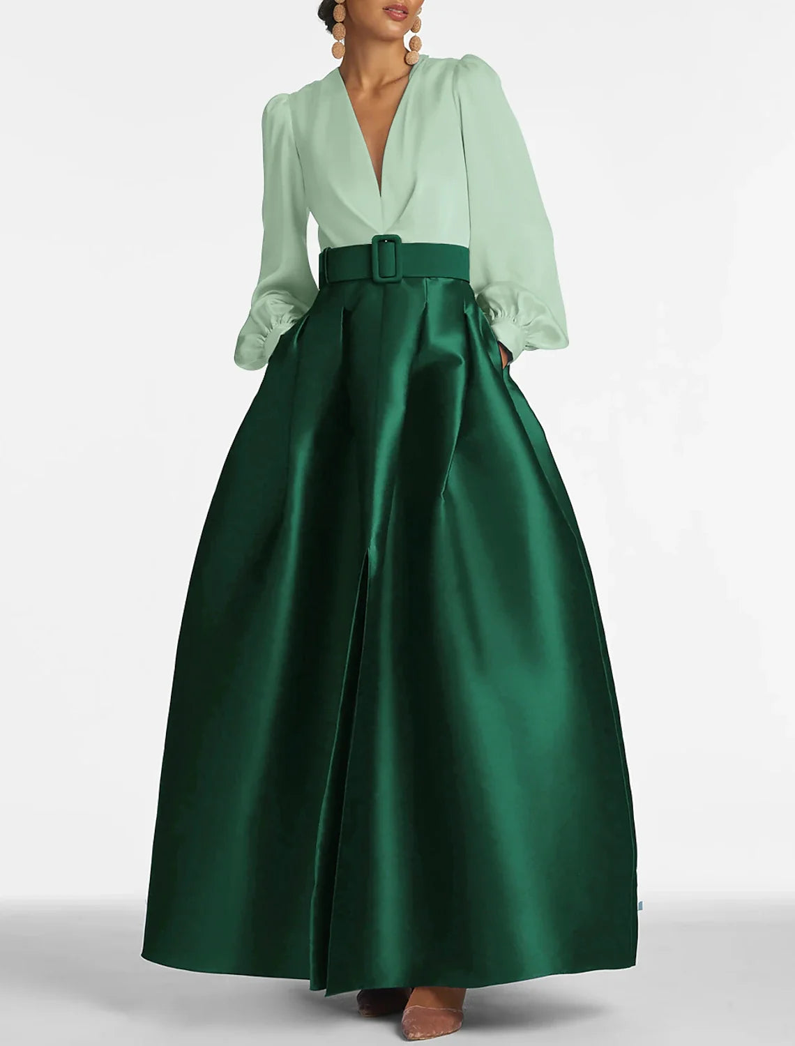 A-Line Satin Green Dress Formal Wedding Guest Dress Elegant Evening Gown High Split Pocket Long Sleeve Floor Length Color Block V Neck Belt