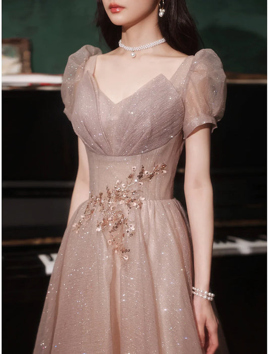 A-Line Prom Party Dress Sparkle & Shine Dress Prom Valentine‘s Day Floor Length Short Sleeve V Neck Tulle