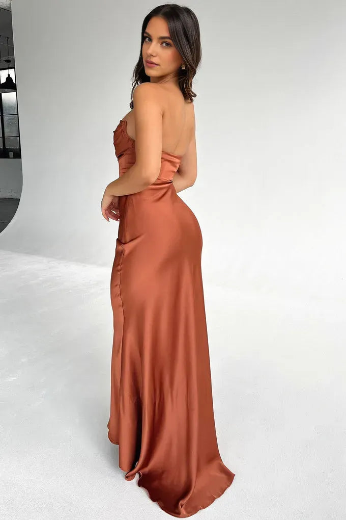 Exquisite Mermaid/Trumpet Strapless Sleeveless Satin Backless Slit Floor-Length Prom Dress