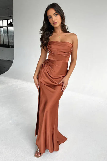 Exquisite Mermaid/Trumpet Strapless Sleeveless Satin Backless Slit Floor-Length Prom Dress