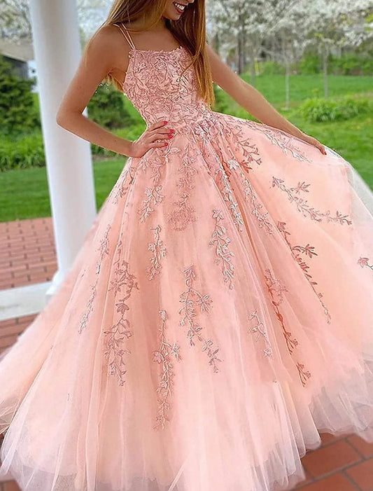A-Line Evening Dresses Floral Dress Formal Wedding Guest Chapel Train Sleeveless Spaghetti Strap Tulle