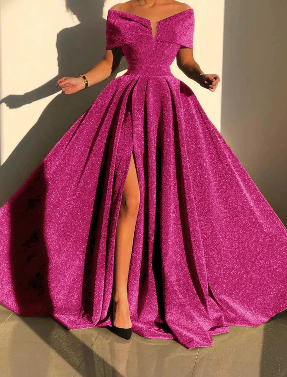 A-Line Evening Gown Sparkle & Shine Dress Formal Fall Court Train Sleeveless Off Shoulder Sequined