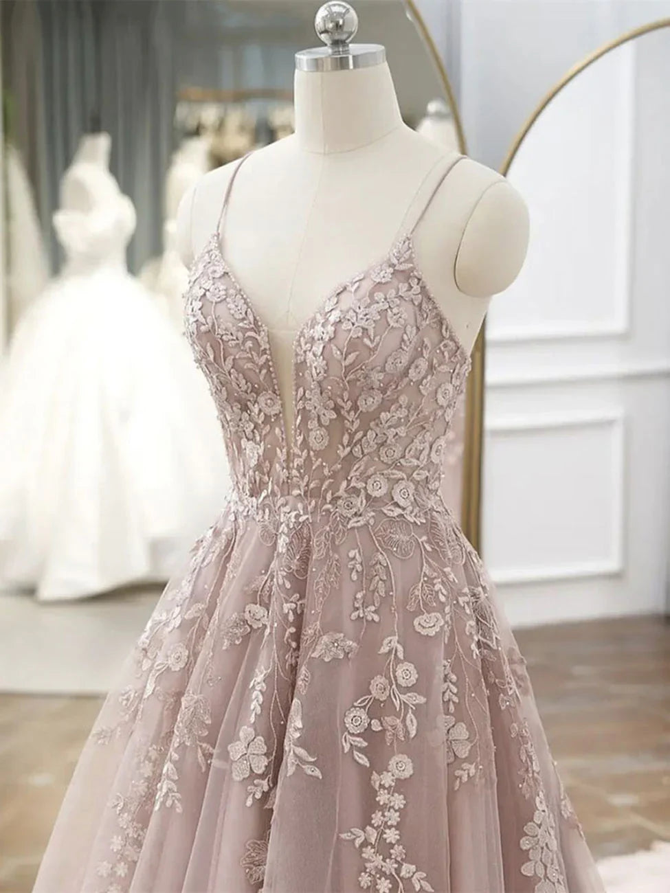 A-Line Pink Tulle Lace Long Prom Dresses