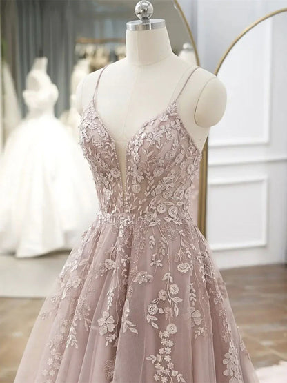 A-Line Pink Tulle Lace Long Prom Dresses