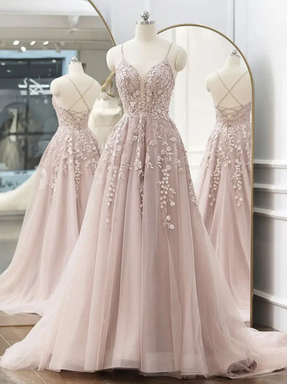 A-Line Pink Tulle Lace Long Prom Dresses