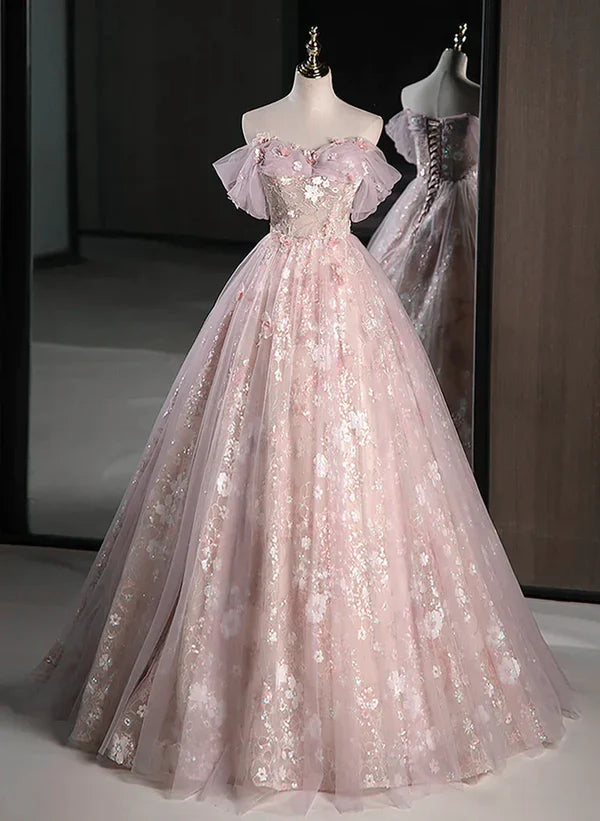 A-line Pink Off Shoulder Sweetheart Lace and Tulle Prom Dress