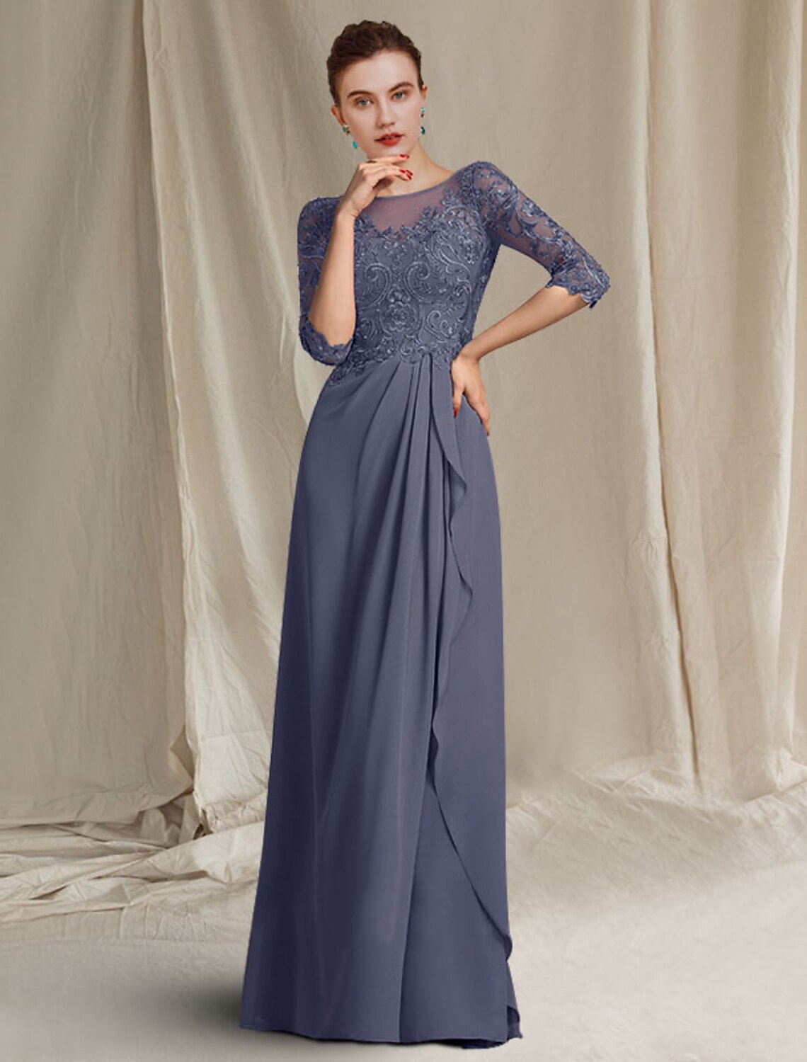 A-Line Mother of the Bride Dress Elegant V Neck Floor Length Chiffon Lace Half Sleeve with Draping Appliques