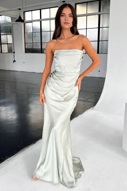 Exquisite Mermaid/Trumpet Strapless Sleeveless Satin Backless Slit Floor-Length Prom Dress