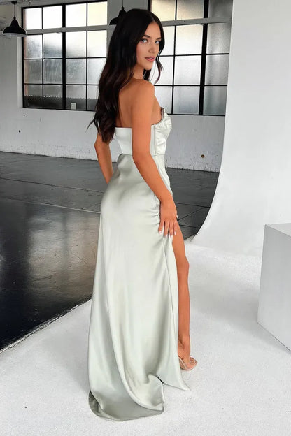 Exquisite Mermaid/Trumpet Strapless Sleeveless Satin Backless Slit Floor-Length Prom Dress