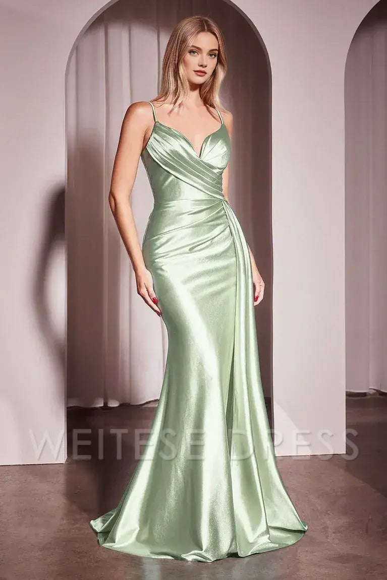 Dress Black Satin Spaghetti - Strap Evening Gown With Plunging Neckline Ruched Design And High Slit Capturing Timeless Sophistication Prom Dress