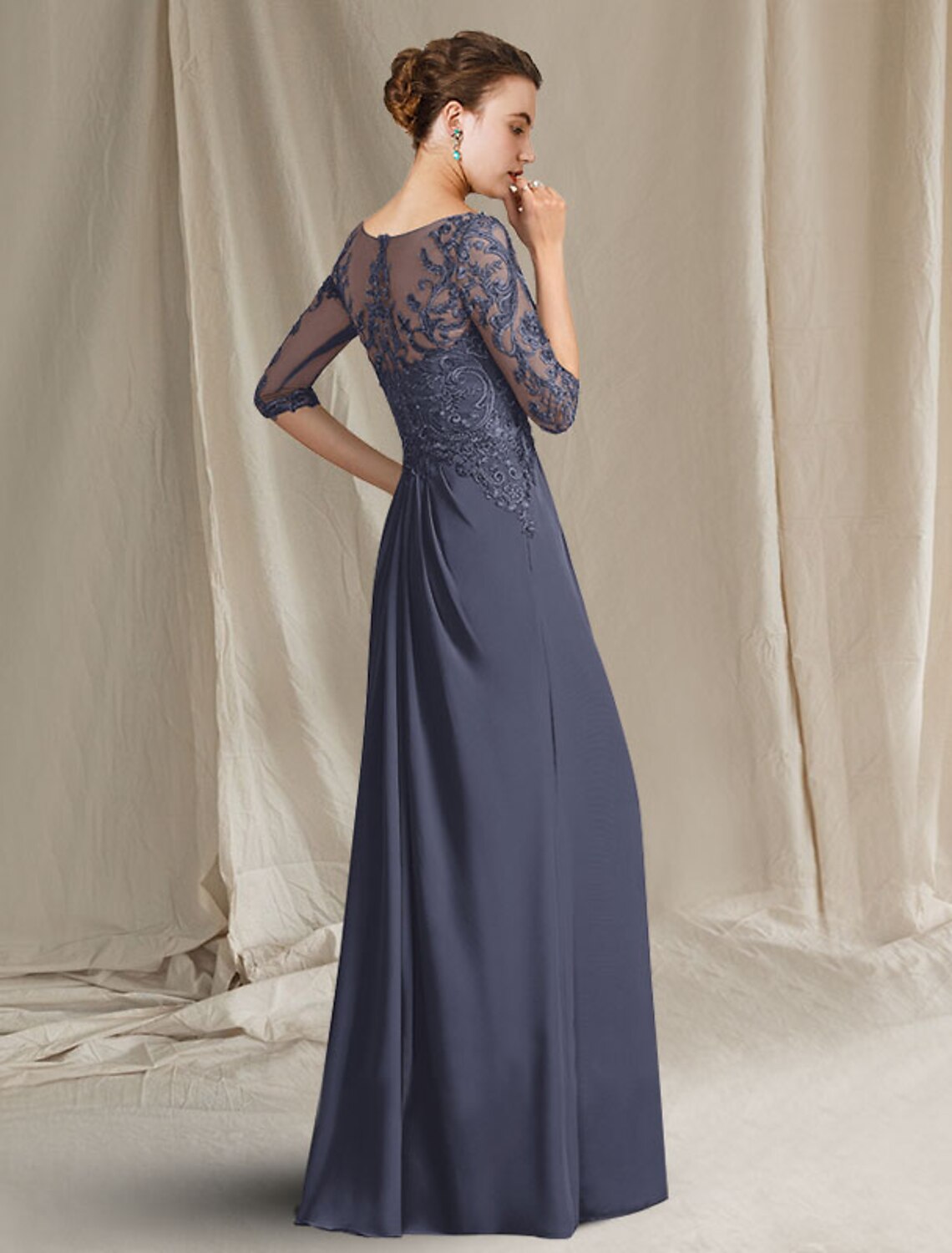 A-Line Mother of the Bride Dress Elegant V Neck Floor Length Chiffon Lace Half Sleeve with Draping Appliques