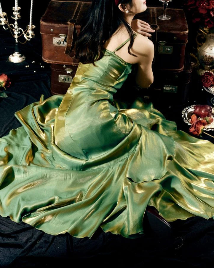 A-line Floor Length Mermaid Ruffles Spaghetti Straps Prom Dress With Flower