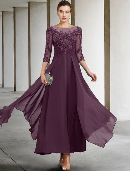 A-Line Mother of the Bride Dress Appliques Fall Wedding Guest Elegant Scoop Neck Ankle Length Chiffon Lace Sequin 3/4 Length Sleeve with Ruched