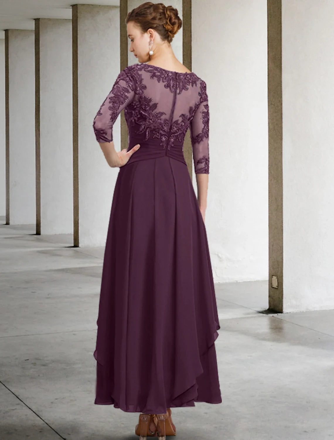 A-Line Mother of the Bride Dress Appliques Fall Wedding Guest Elegant Scoop Neck Ankle Length Chiffon Lace Sequin 3/4 Length Sleeve with Ruched