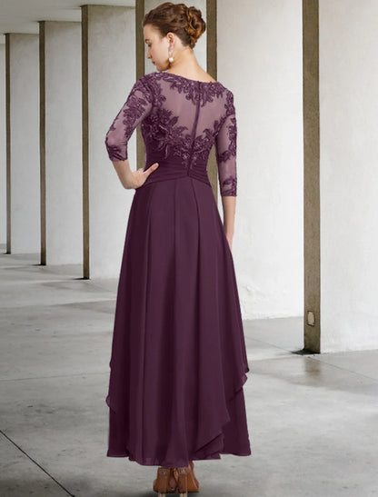A-Line Mother of the Bride Dress Appliques Fall Wedding Guest Elegant Scoop Neck Ankle Length Chiffon Lace Sequin 3/4 Length Sleeve with Ruched